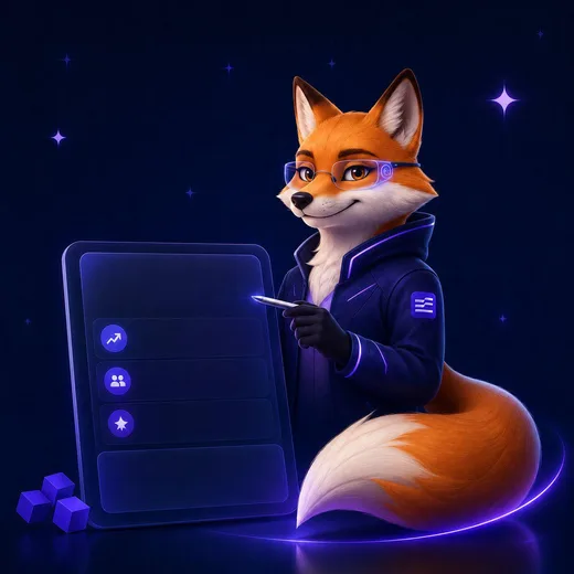 Asky fox mascot presenting a dashboard
